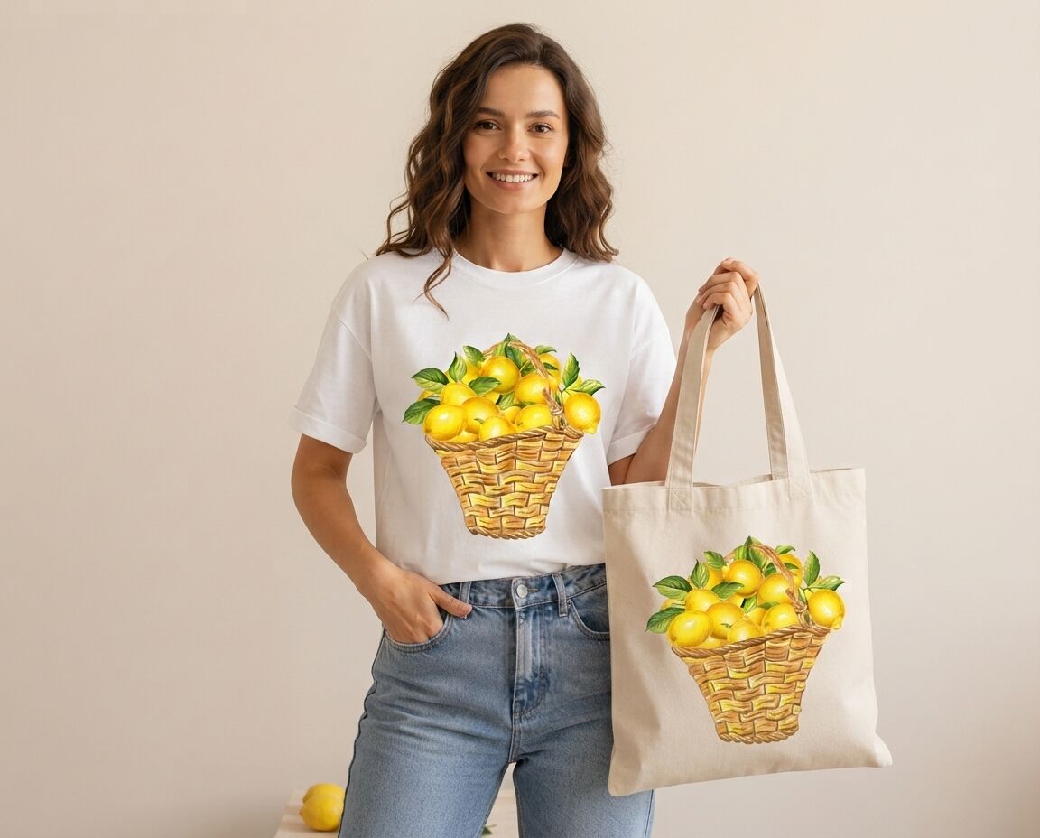 Hasır Sepet Limon Desenli %100 Pamuklu Siyah Tişört ve Çanta Kombin Seti XXL Beden - Beyaz