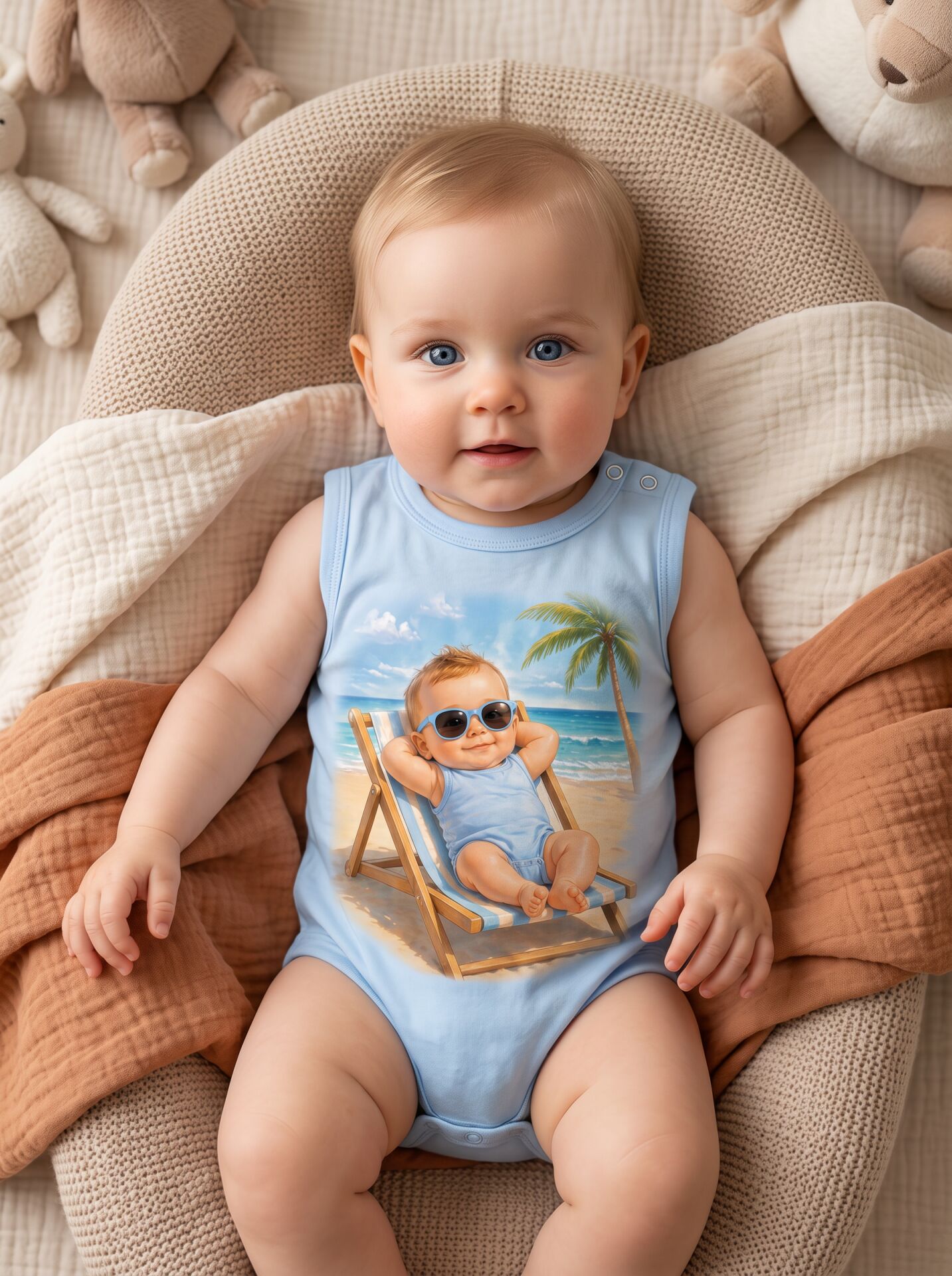 Plaj Keyfi Güneş Gözlüklü Bebek Baskılı Pamuklu Zıbın (Body) Mavi - 6-9