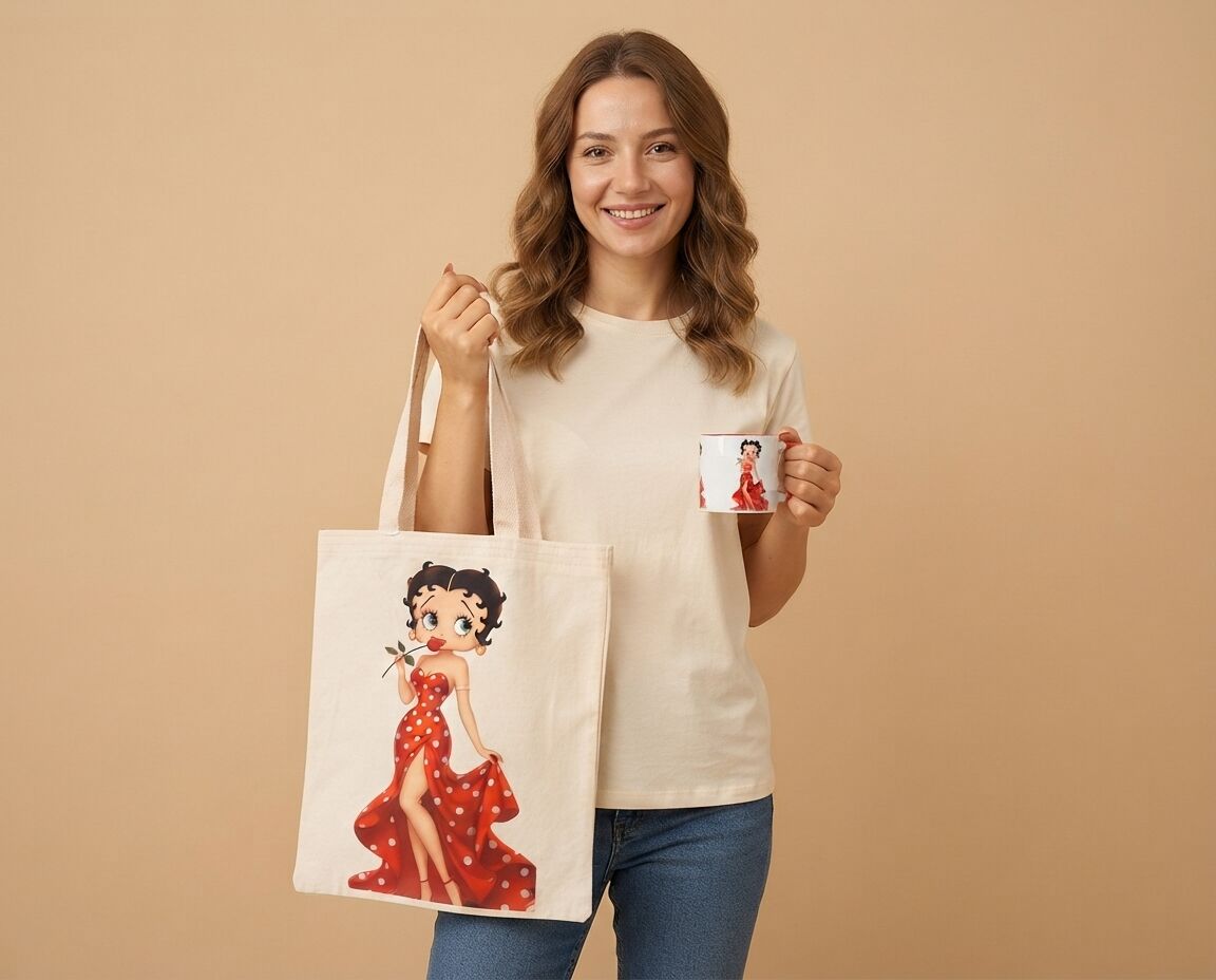 Kırmızı Elbiseli Betty Boop Tasarımlı Kanvas Çanta ve Kupa Kombin Seti