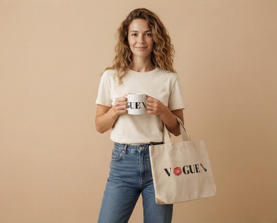 Ruj ve Dudak Baskılı VOGUE Tasarımlı Kanvas Çanta ve Kupa Kombin Seti
