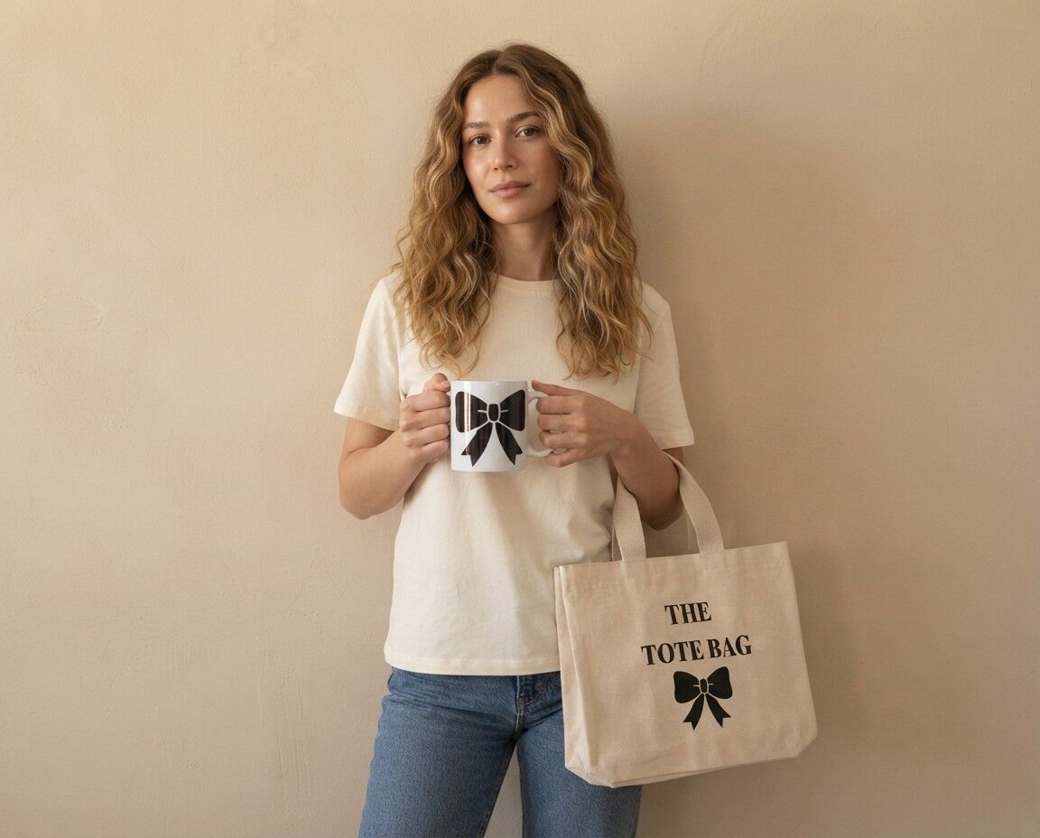 Siyah Fiyonk Detaylı ''The Tote Bag'' Tasarımlı Kanvas Çanta ve Kupa Kombin Seti