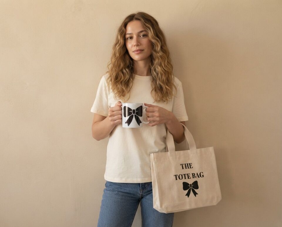 Siyah Fiyonk Detaylı ''The Tote Bag'' Tasarımlı Kanvas Çanta ve Kupa Kombin Seti