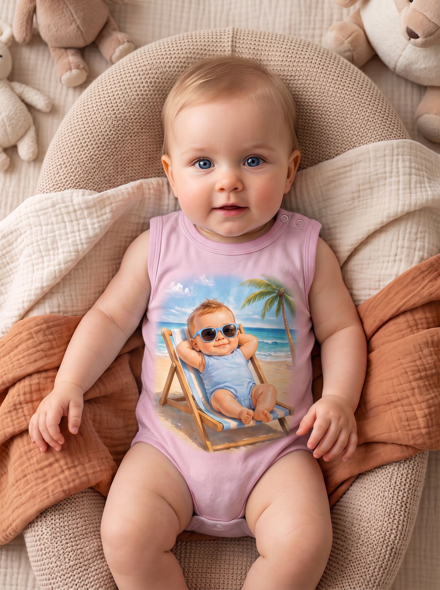 Plaj Keyfi Güneş Gözlüklü Bebek Baskılı Pamuklu Zıbın (Body) Pembe - 24-30
