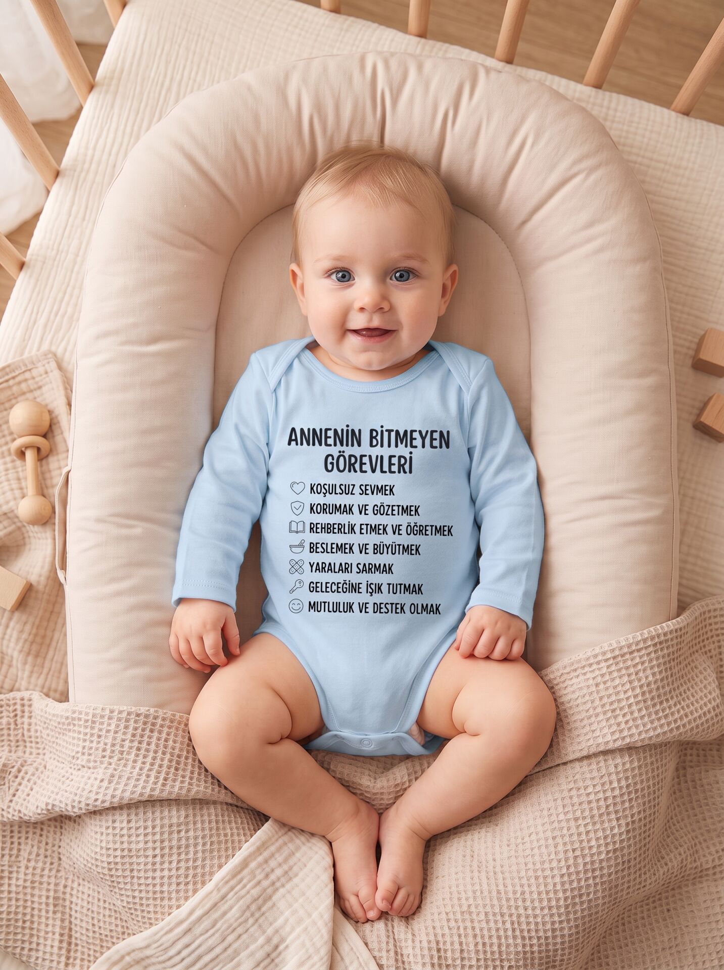 Annenin Bitmeyen Görevleri Yazılı Pamuklu Uzun Kollu Bebek Body Mavi - 6-9
