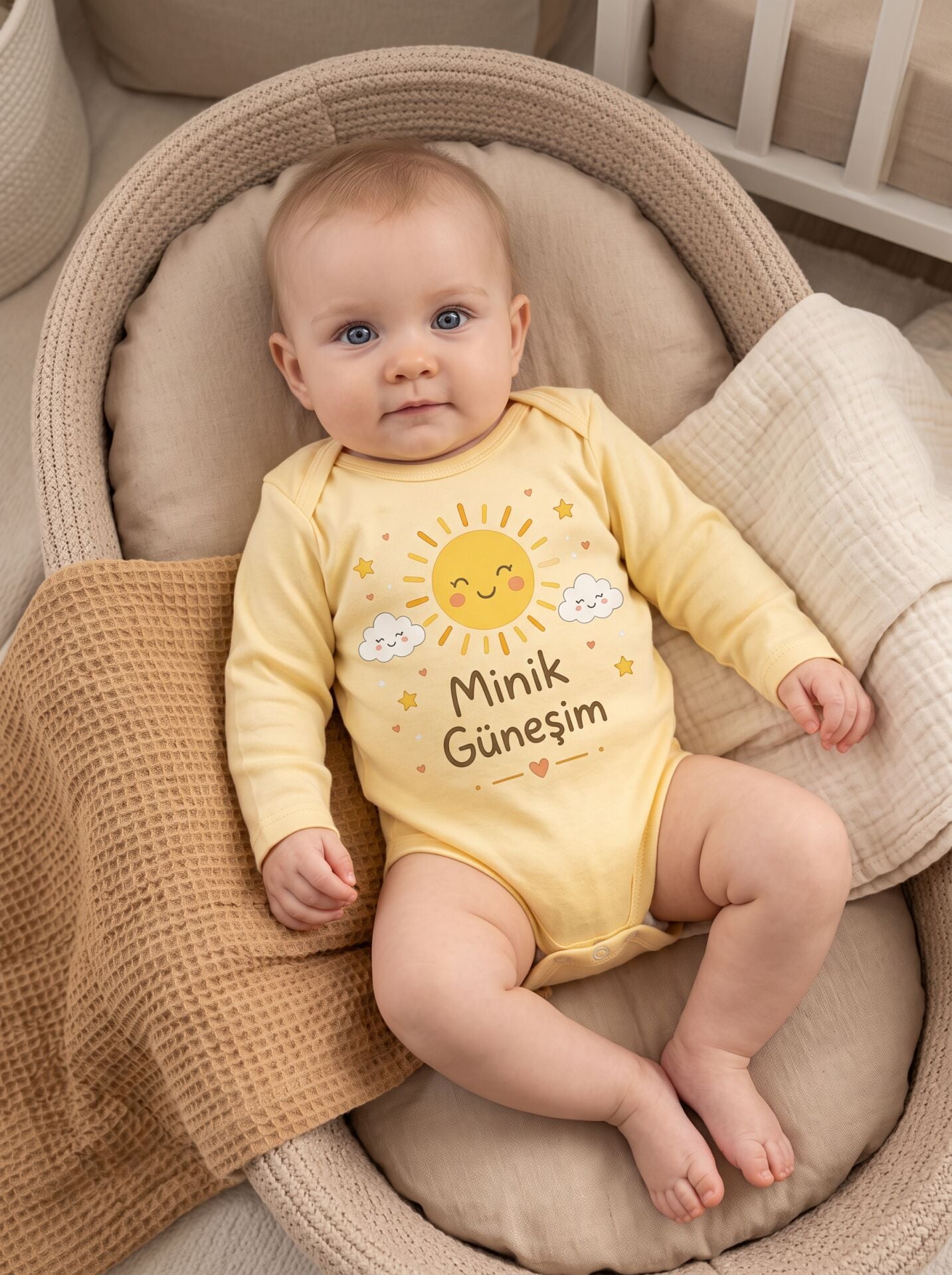 Minik Güneşim Uzun Kollu Baskılı Pamuklu Bebek Body Sarı - 24-30