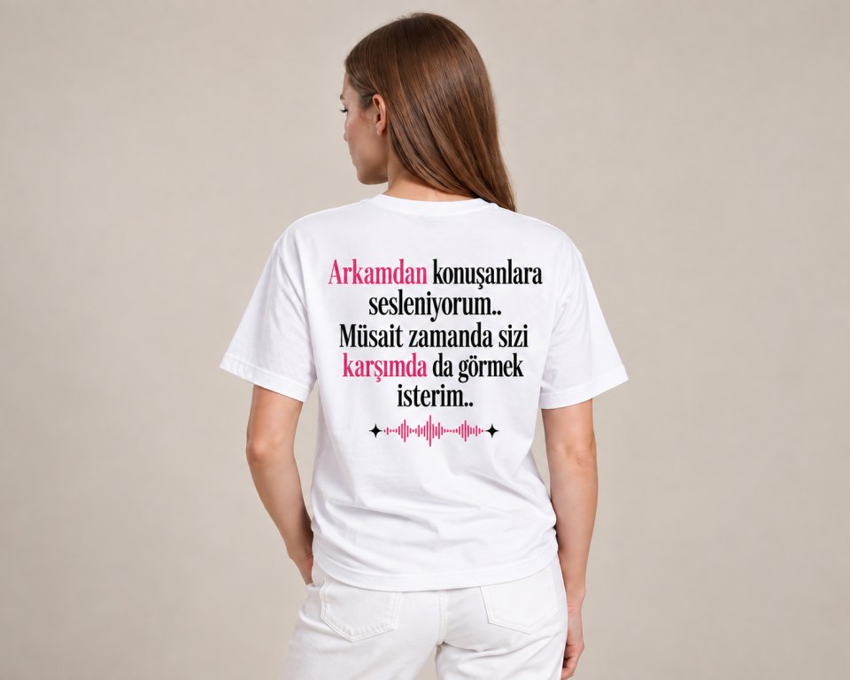 Arkamdan Konuşanlara Baskılı Pamuklu Tişört S Beden - Beyaz