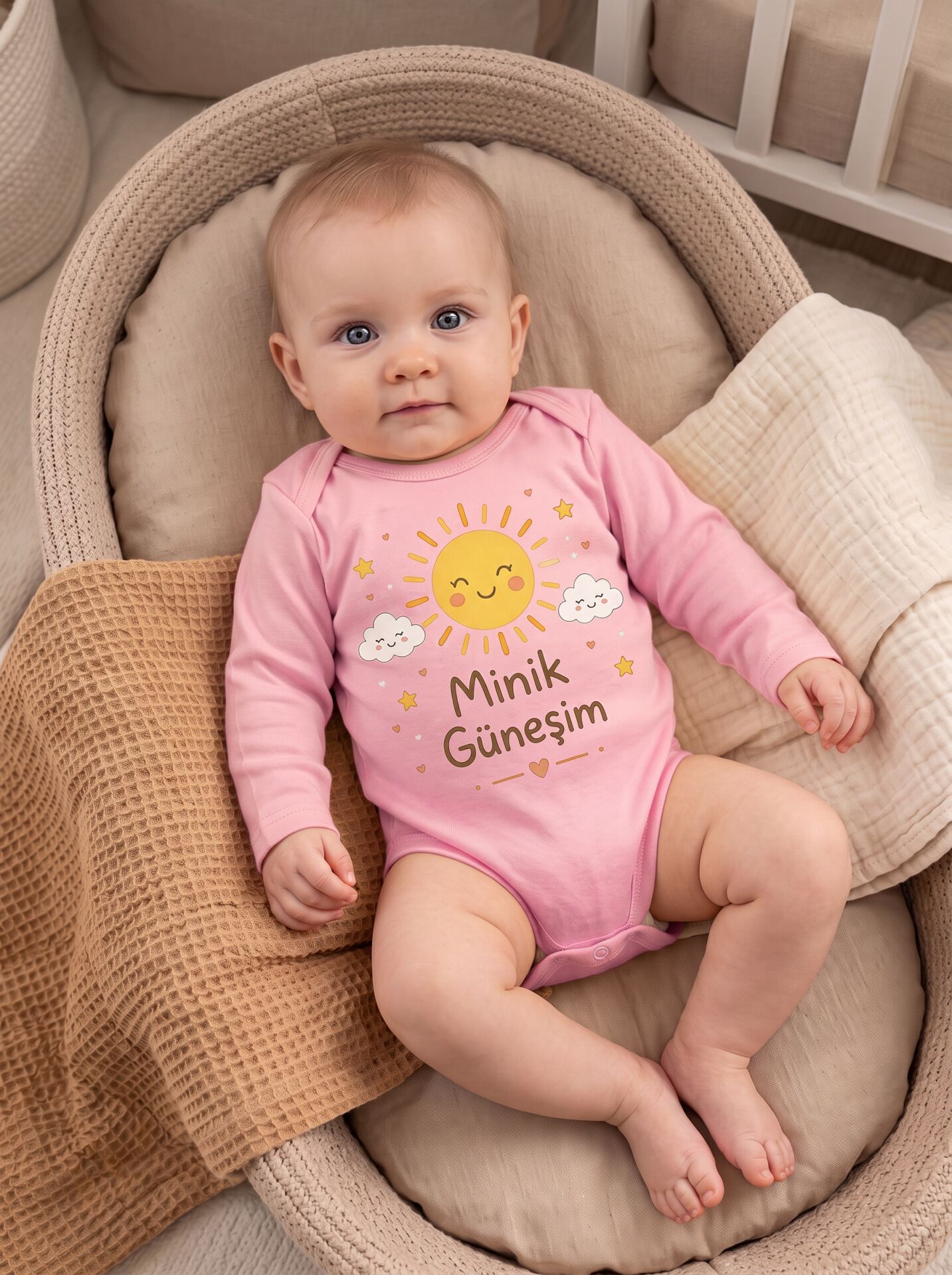 Minik Güneşim Uzun Kollu Baskılı Pamuklu Bebek Body Pembe - 3-6