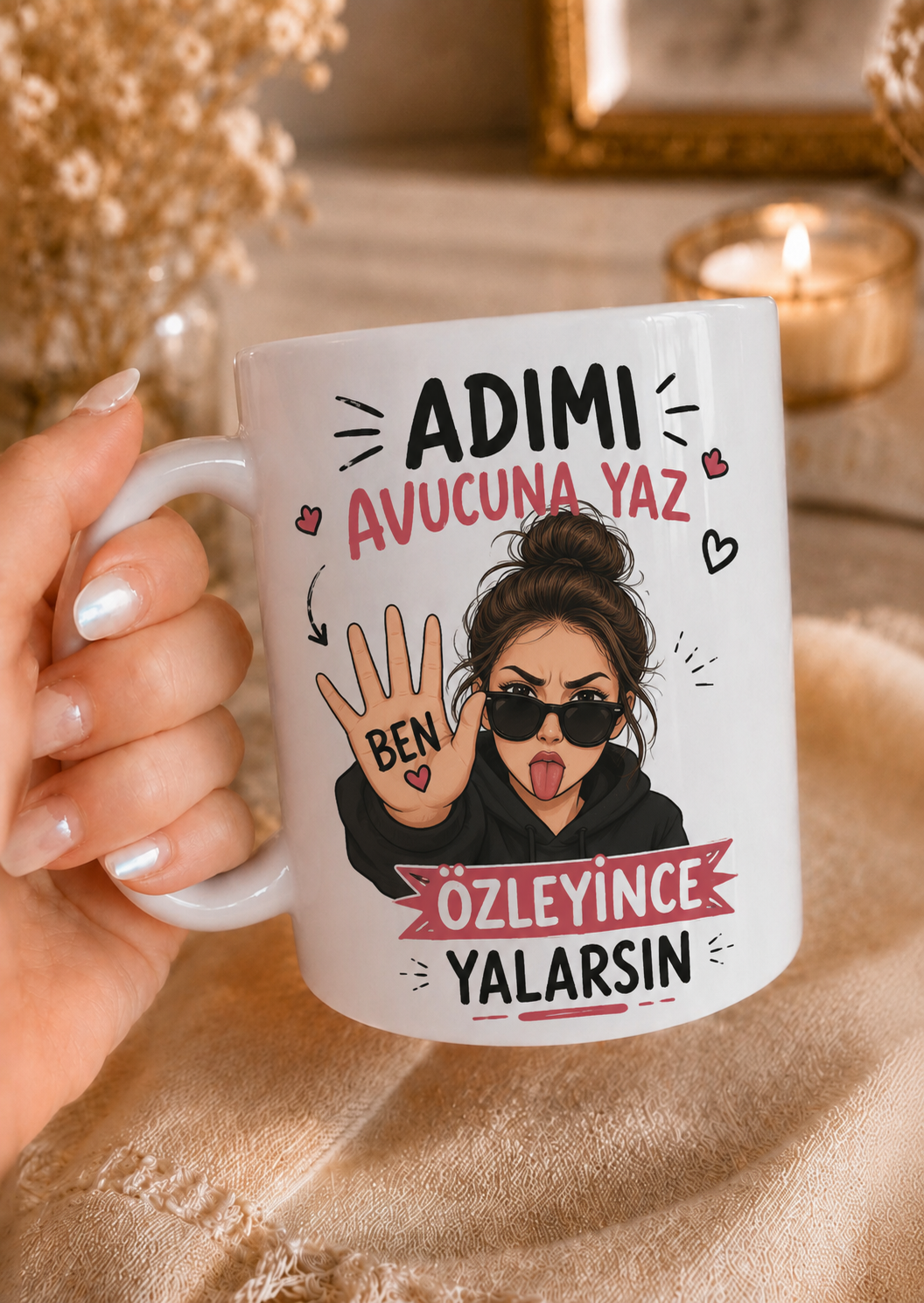 Adımı Avucuna Yaz Özleyince Yalarsın Baskılı Komik Porselen Kupa Bardak