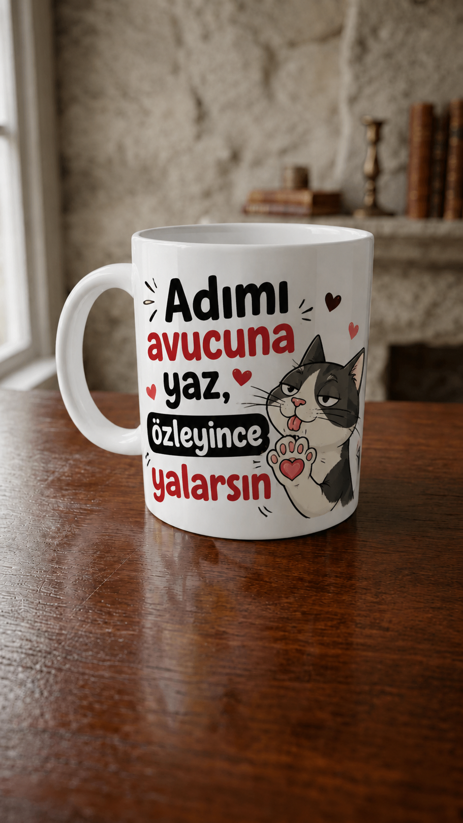 Adımı Avucuna Yaz Özleyince Yalarsın Yazılı Kedi Tasarımlı Komik Porselen Kupa Bardak
