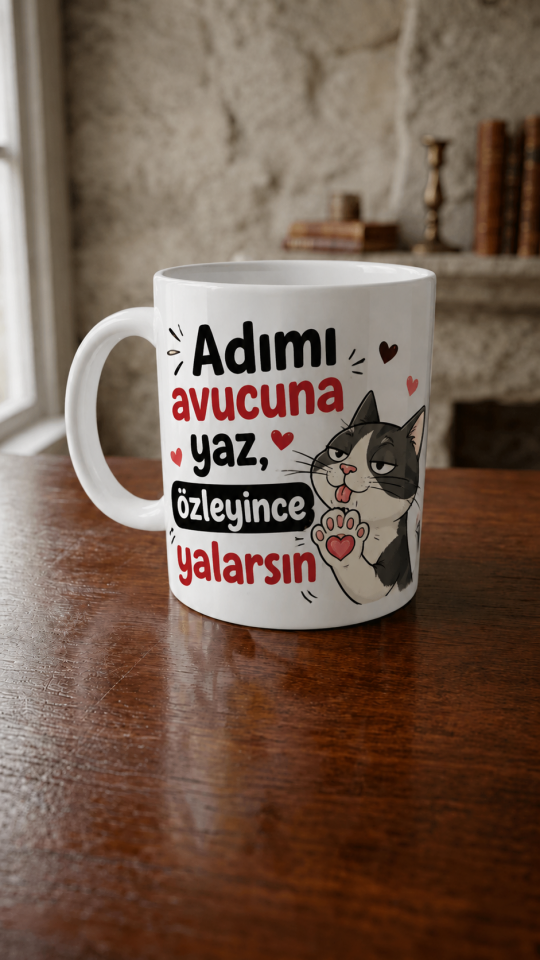 Adımı Avucuna Yaz Özleyince Yalarsın Yazılı Kedi Tasarımlı Komik Porselen Kupa Bardak