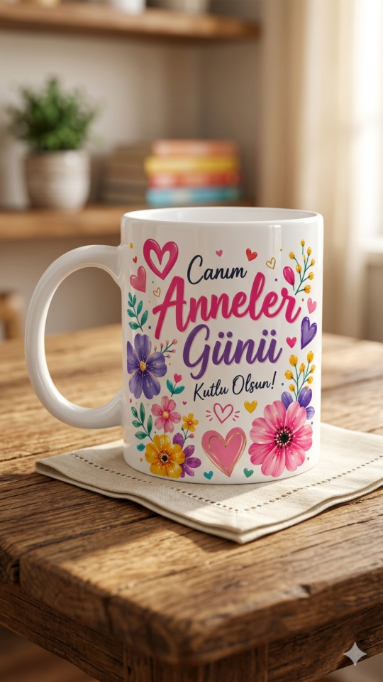 Canım Anneler Günü Kutlu Olsun Yazılı Çiçek Desenli Porselen Kupa Bardak