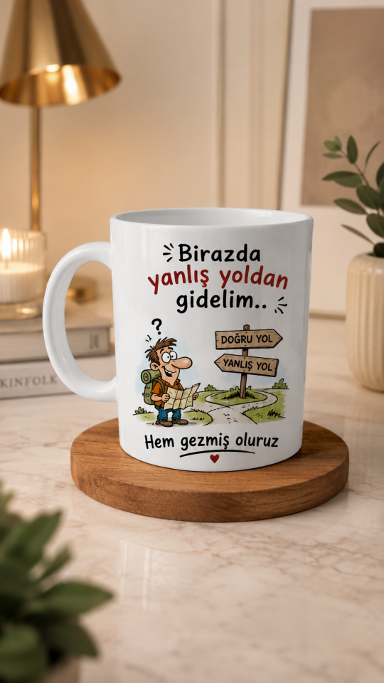 Biraz da Yanlış Yoldan Gidelim Hem Gezmiş Oluruz Yazılı Komik Porselen Kupa Bardak