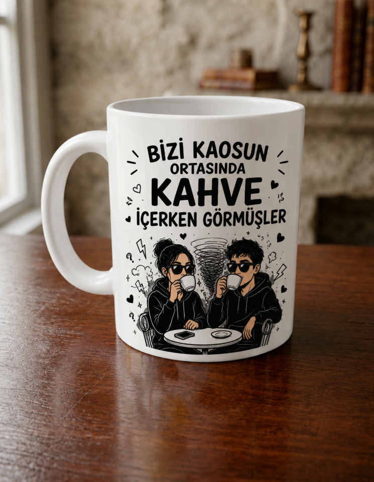 Bizi Kaosun Ortasında Kahve İçerken Görmüşler Yazılı Komik Porselen Kupa Bardak
