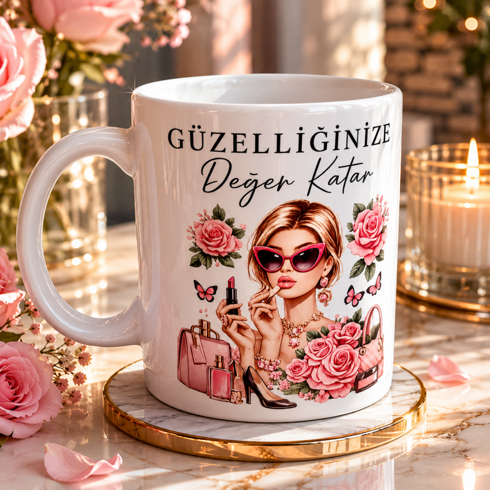 Güzelliğinize Değer Katar Yazılı Makyaj Temalı Porselen Kupa Bardak