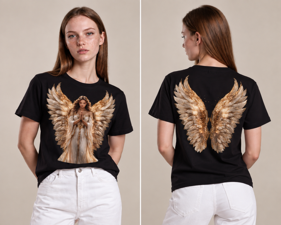 Golden Angel – Melek Kanatlı Baskılı Pamuklu Kadın Tişört M Beden - Siyah