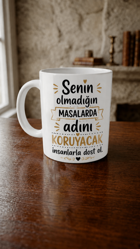 Senin Olmadığın Masalarda Adını Koruyacak İnsanlarla Dost Ol Yazılı Porselen Kupa Bardak