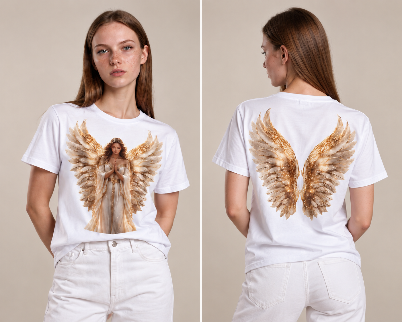 Golden Angel – Melek Kanatlı Baskılı Pamuklu Kadın Tişört L Beden - Beyaz