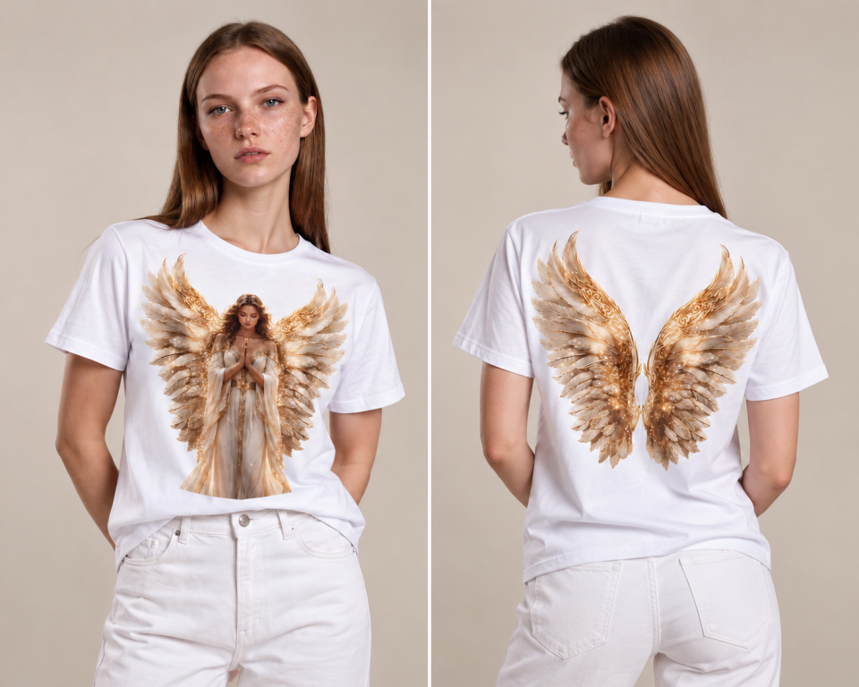 Golden Angel – Melek Kanatlı Baskılı Pamuklu Kadın Tişört L Beden - Beyaz