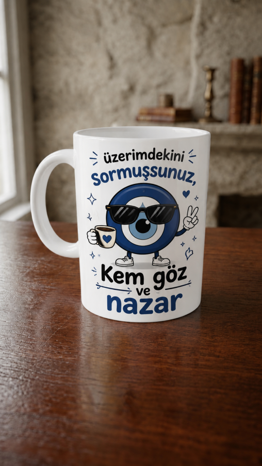 Üzerimdekini Sormuşsunuz Kem Göz ve Nazar Yazılı Komik Porselen Kupa Bardak