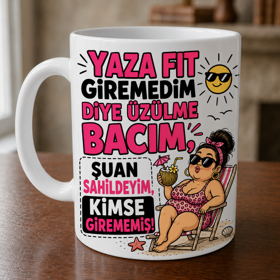 Yaza Fit Giremedim Diye Üzülme Bacım Yazılı Komik Porselen Kupa Bardak
