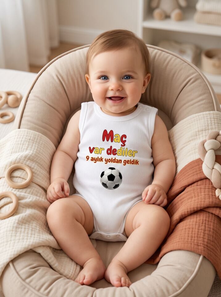 Maç Var Dediler Futbol Topu Baskılı Pamuklu Bebek Body (Zıbın) Beyaz - 6-9