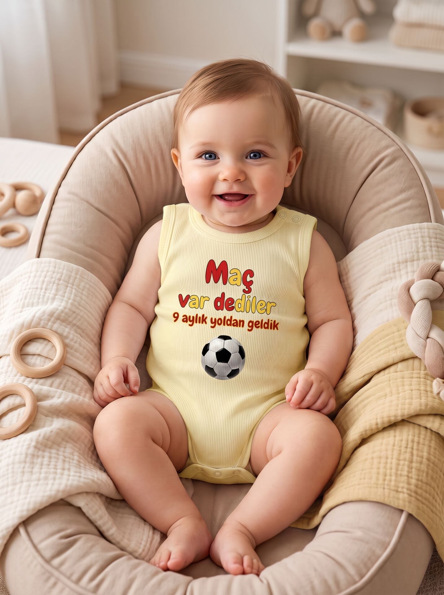 Maç Var Dediler Futbol Topu Baskılı Pamuklu Bebek Body (Zıbın) Sarı - 6-9