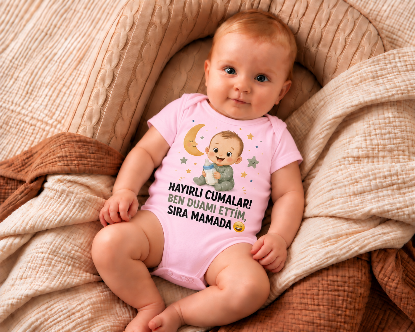 Hayırlı Cumalar Ben Duamı Ettim Sıra Mamada Baskılı Pamuklu Bebek Zıbın 12-18 - Pembe