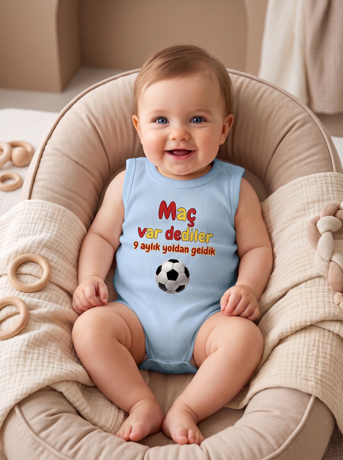 Maç Var Dediler Futbol Topu Baskılı Pamuklu Bebek Body (Zıbın) Mavi - 24-30