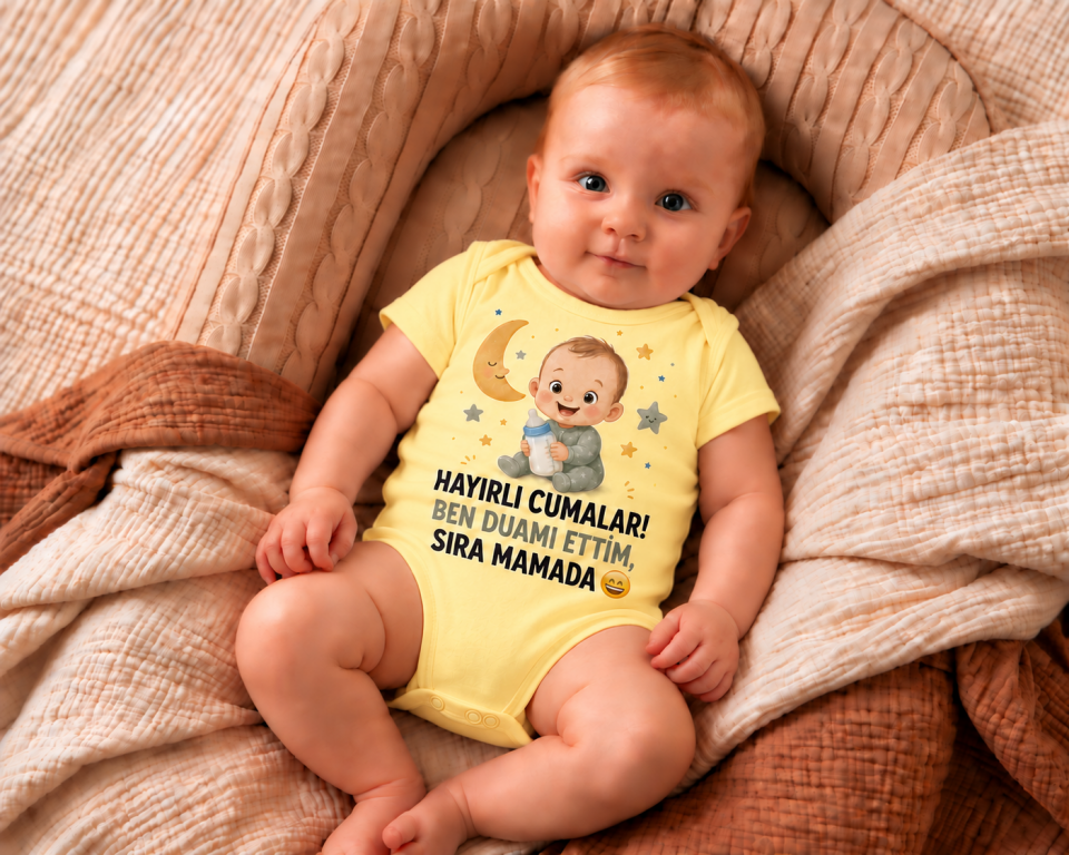 Hayırlı Cumalar Ben Duamı Ettim Sıra Mamada Baskılı Pamuklu Bebek Zıbın 9-12 - Sarı