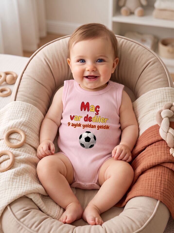 Maç Var Dediler Futbol Topu Baskılı Pamuklu Bebek Body (Zıbın) Pembe - 24-30