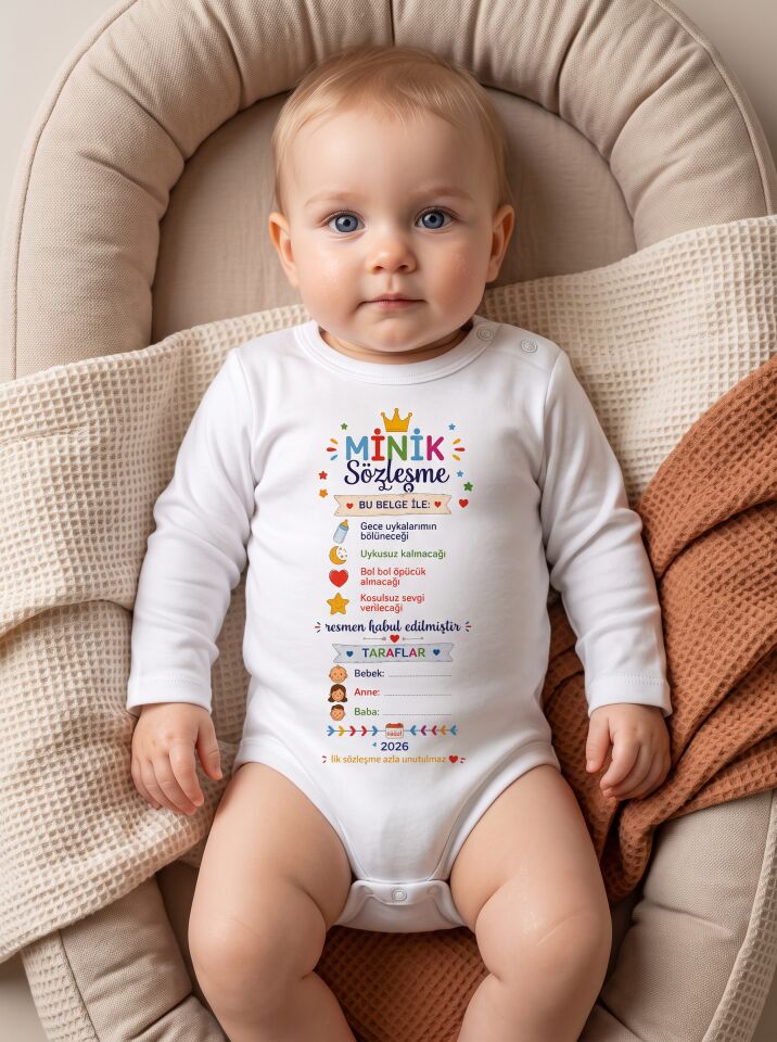 Nora Minik Sözleşme Baskılı Pamuklu Bebek Body Beyaz - 3-6