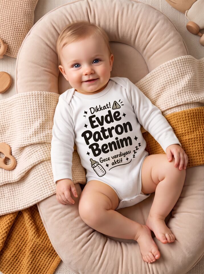 Evde Patron Benim Baskılı Pamuklu Bebek Body (Uzun Kollu) Beyaz - 6-9