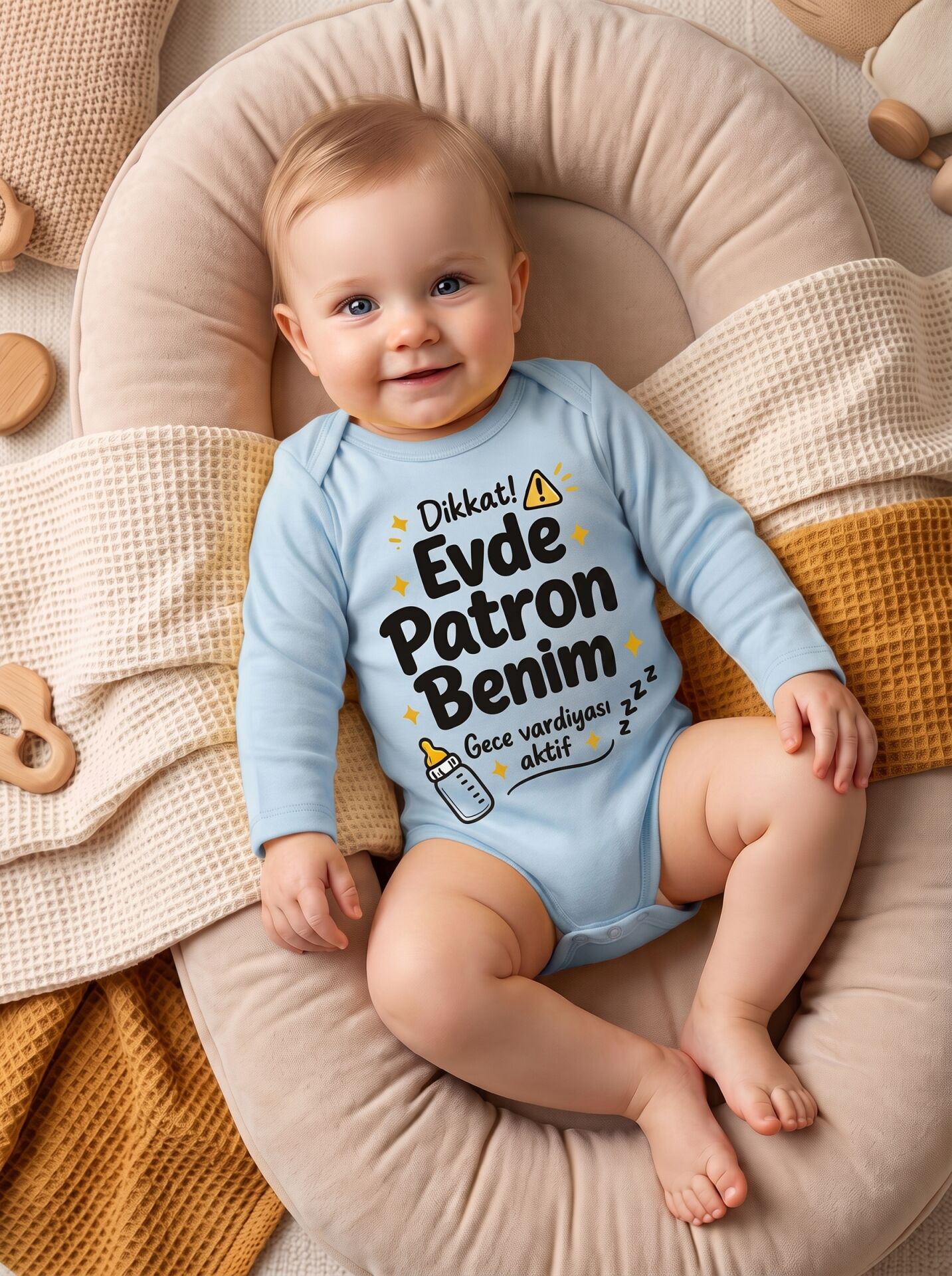 Evde Patron Benim Baskılı Pamuklu Bebek Body (Uzun Kollu) Mavi - 3-6