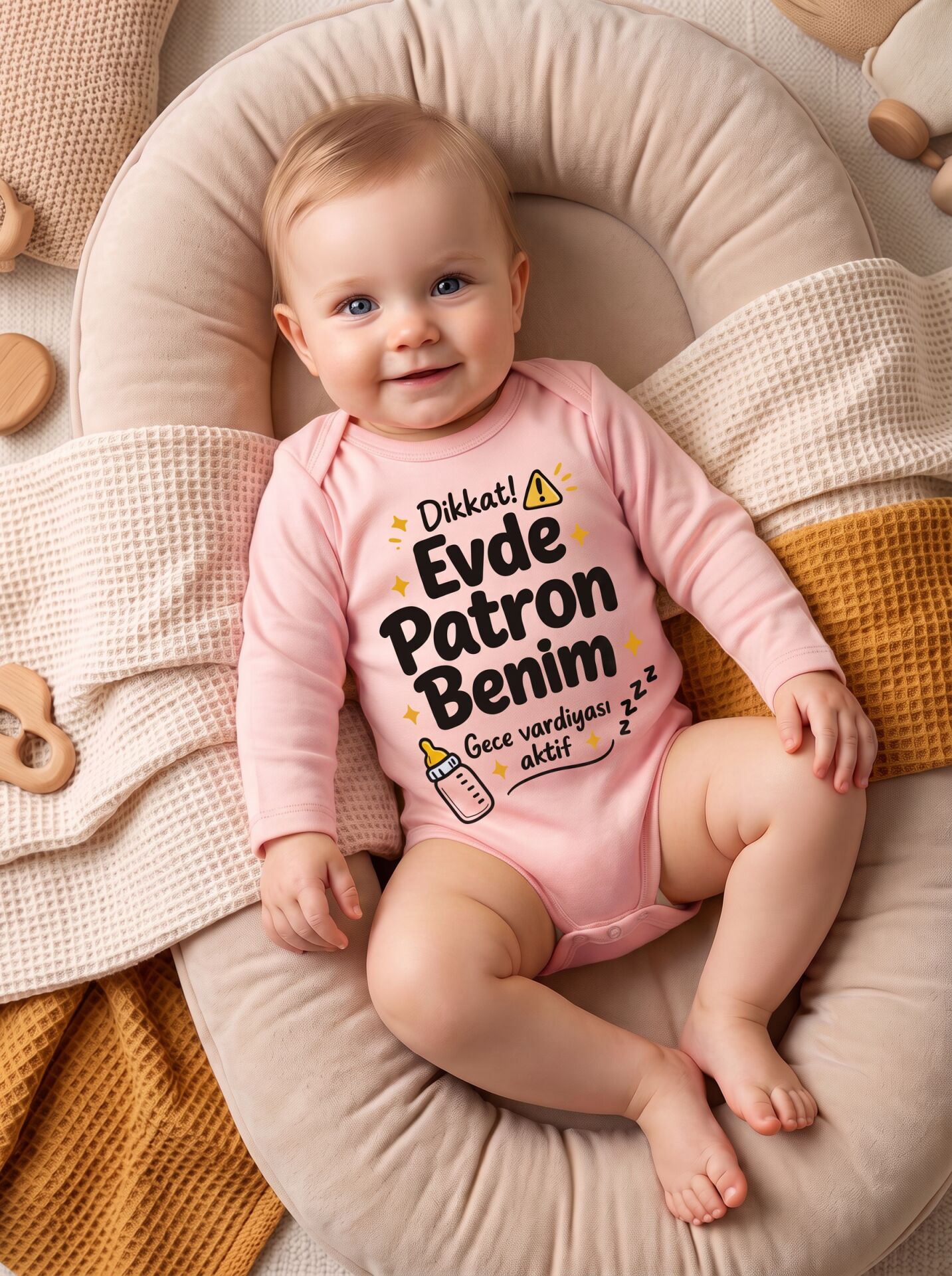 Evde Patron Benim Baskılı Pamuklu Bebek Body (Uzun Kollu) Pembe - 0-3