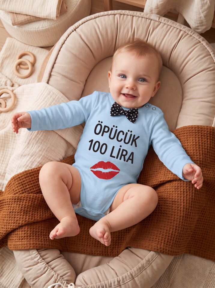 Öpücük 100 Lira Papyon Baskılı Pamuklu Bebek Body Mavi - 0-3