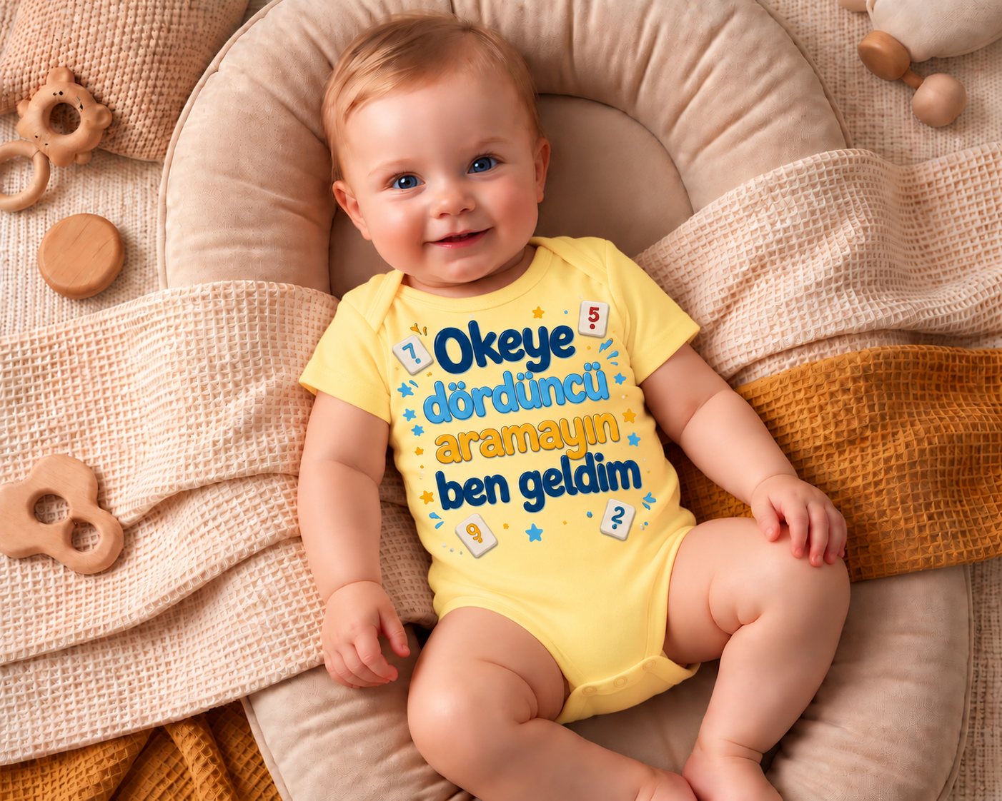 Okeye Dördüncü Aramayın Ben Geldim Baskılı Kısa Kollu Bebek Zıbını