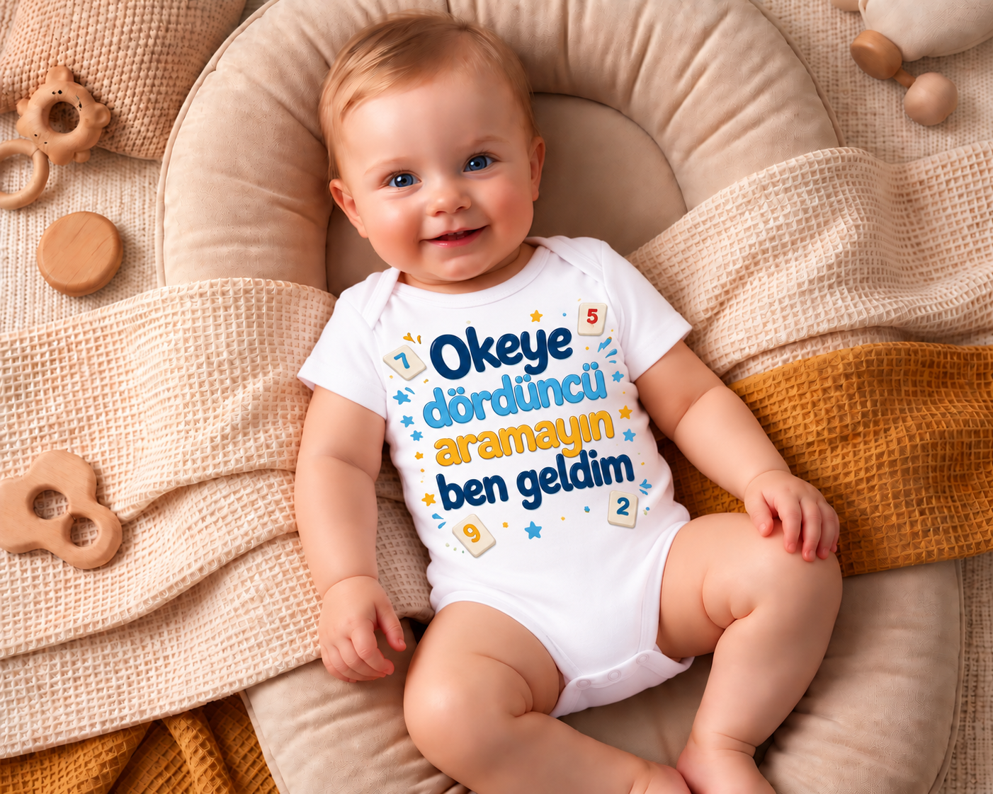 Okeye Dördüncü Aramayın Ben Geldim Baskılı Kısa Kollu Bebek Zıbını 12-18 - Beyaz
