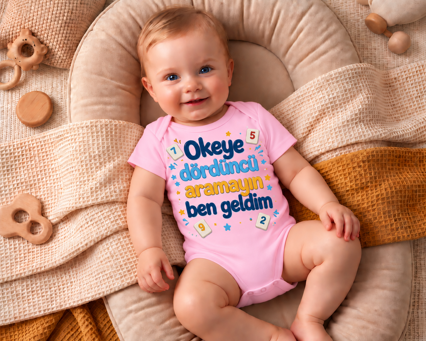 Okeye Dördüncü Aramayın Ben Geldim Baskılı Kısa Kollu Bebek Zıbını 3-6 - Pembe
