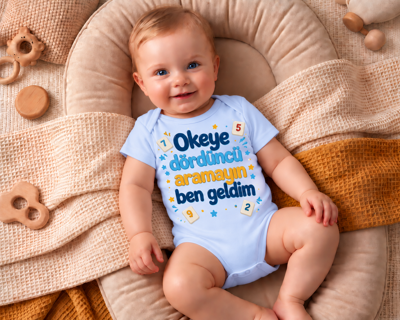 Okeye Dördüncü Aramayın Ben Geldim Baskılı Kısa Kollu Bebek Zıbını 0-3 - Mavi