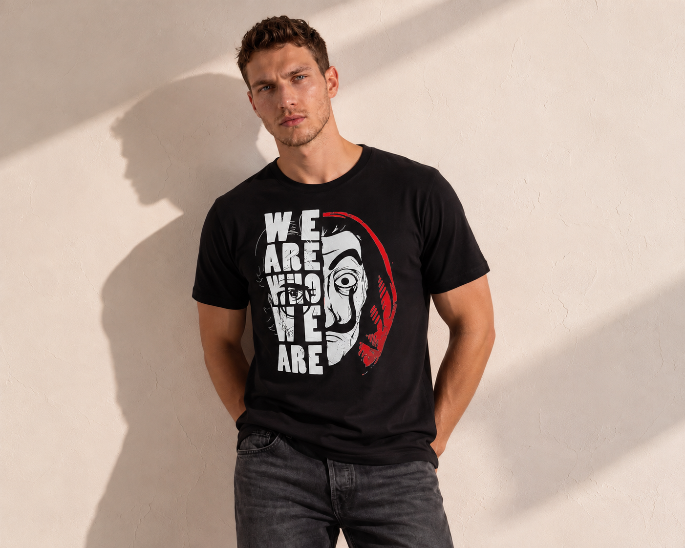 “We Are Who We Are” Maske Baskılı %100 Pamuk Erkek Tişört M Beden - Siyah