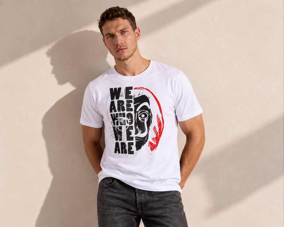 “We Are Who We Are” Maske Baskılı %100 Pamuk Erkek Tişört XL Beden - Beyaz
