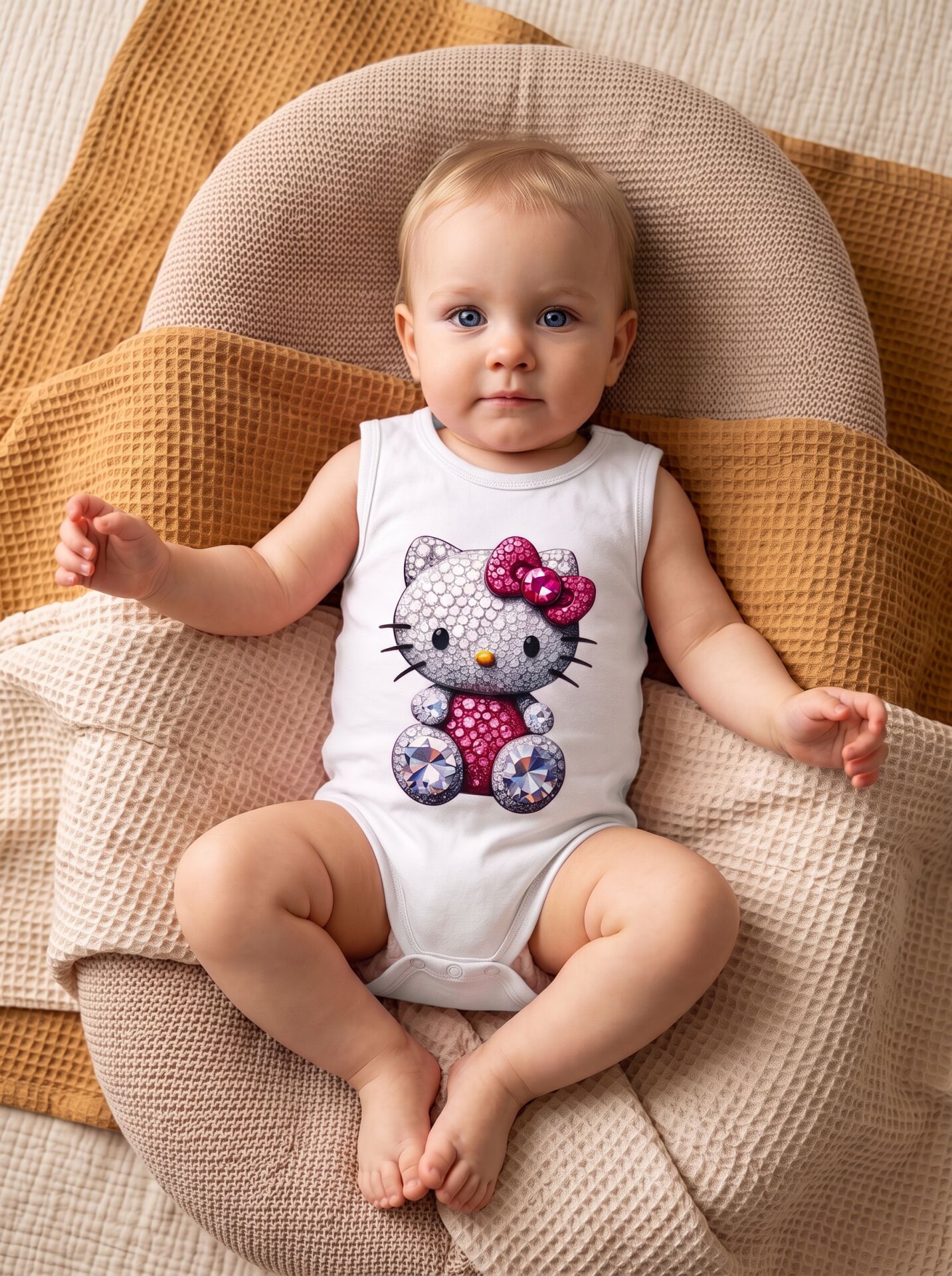 Hello Kitty Taş Efektli Baskılı Pamuklu Kolsuz Bebek Body Beyaz - 24-30