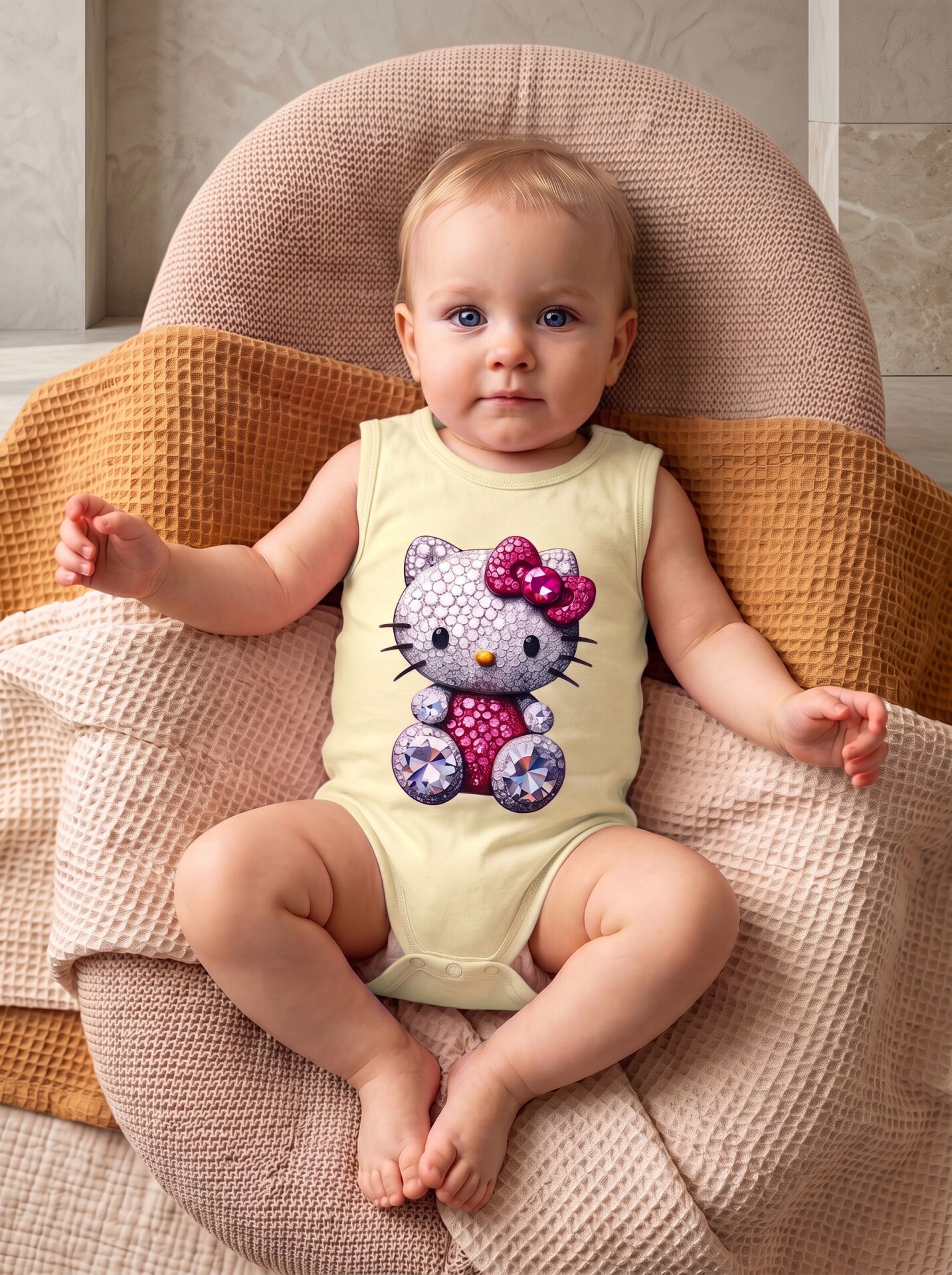Hello Kitty Taş Efektli Baskılı Pamuklu Kolsuz Bebek Body Sarı - 18-24