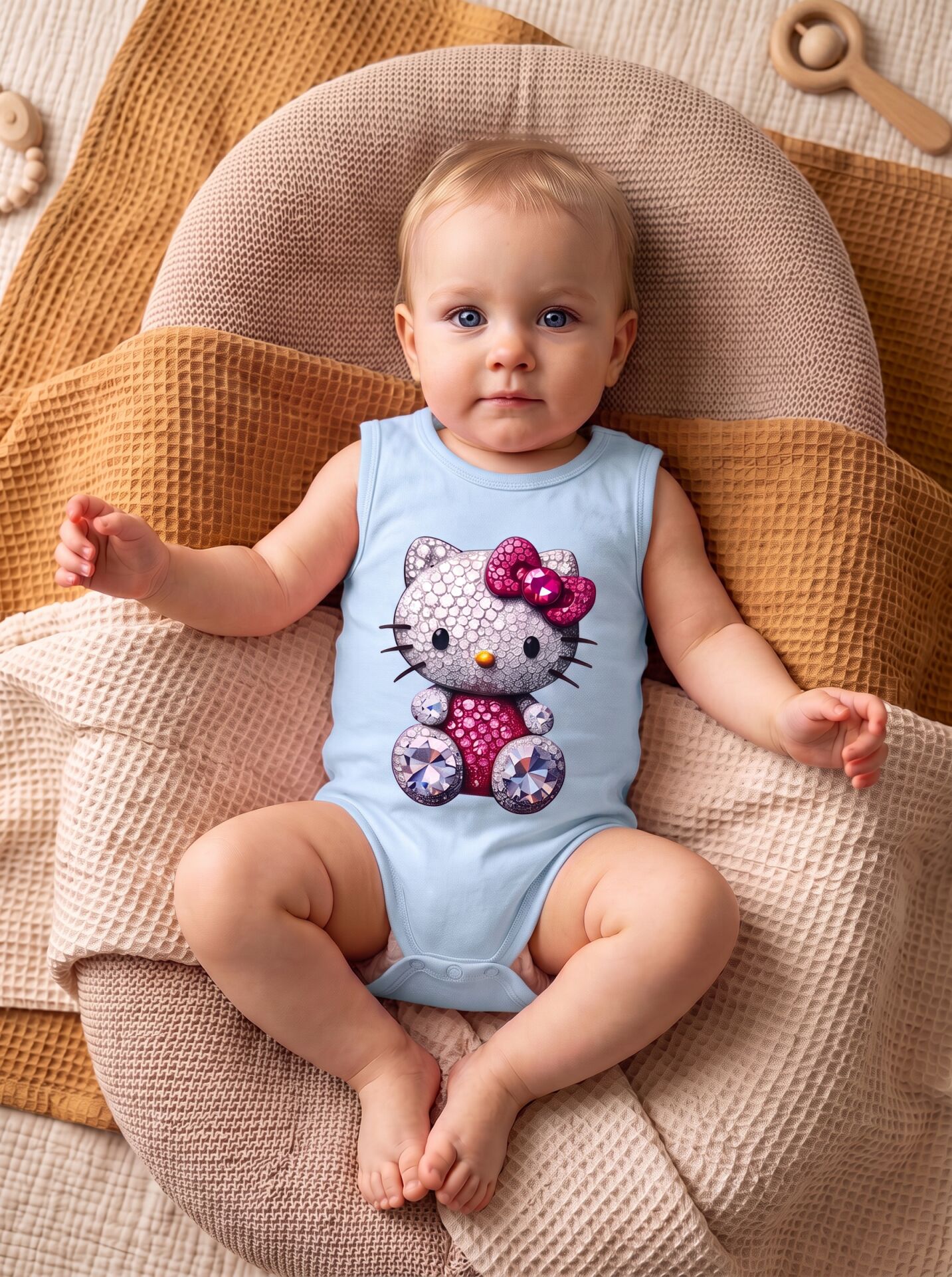 Hello Kitty Taş Efektli Baskılı Pamuklu Kolsuz Bebek Body Mavi - 3-6