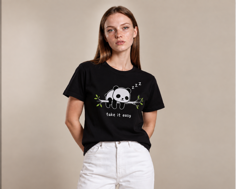 “Take It Easy” Panda Baskılı %100 Pamuk Kadın Tişört L Beden - Siyah