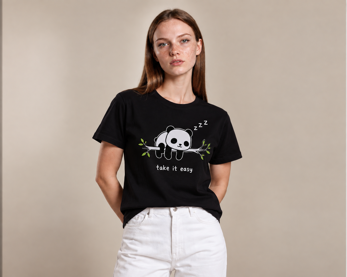“Take It Easy” Panda Baskılı %100 Pamuk Kadın Tişört XL Beden - Siyah