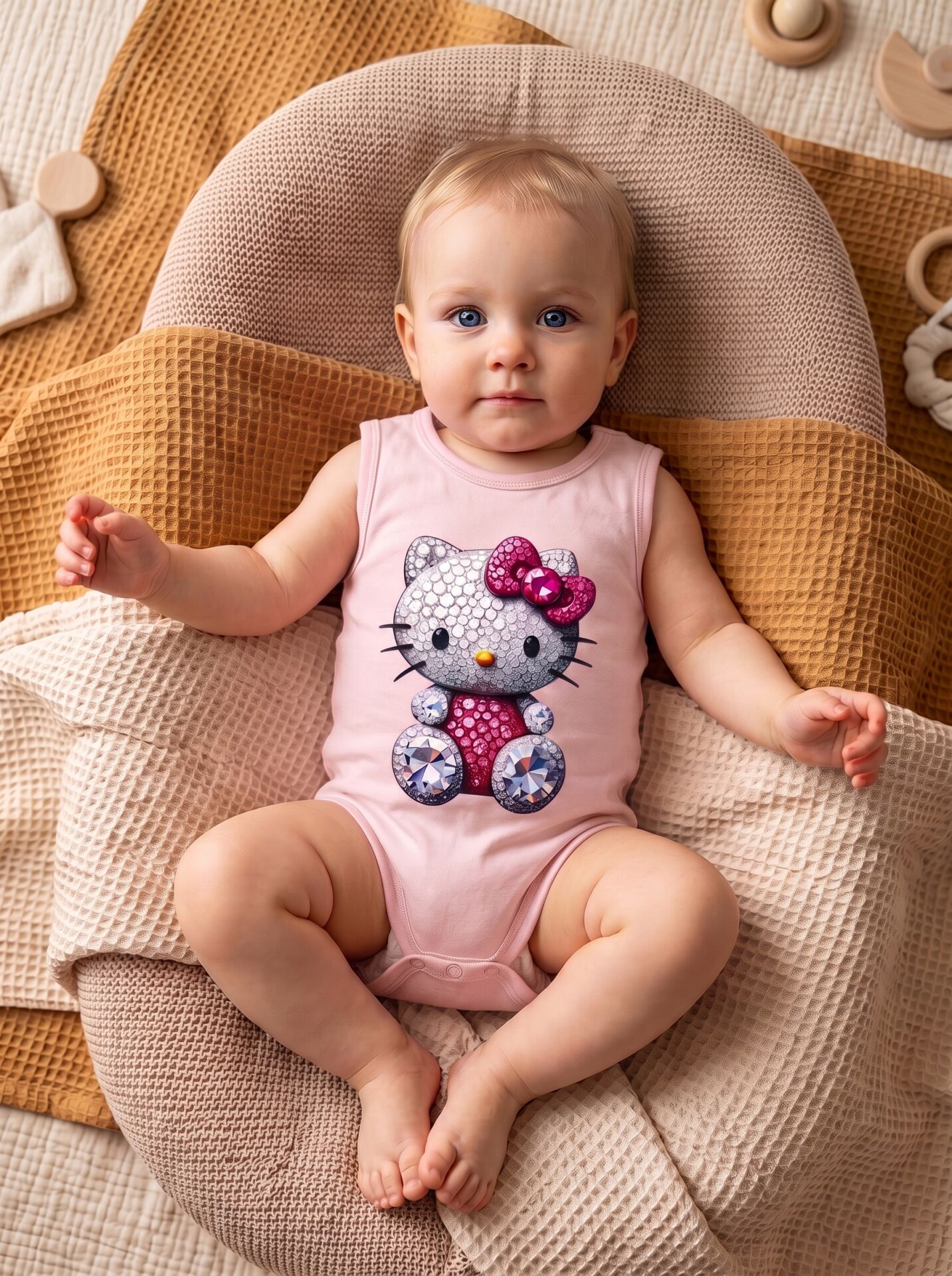 Hello Kitty Taş Efektli Baskılı Pamuklu Kolsuz Bebek Body Pembe - 3-6
