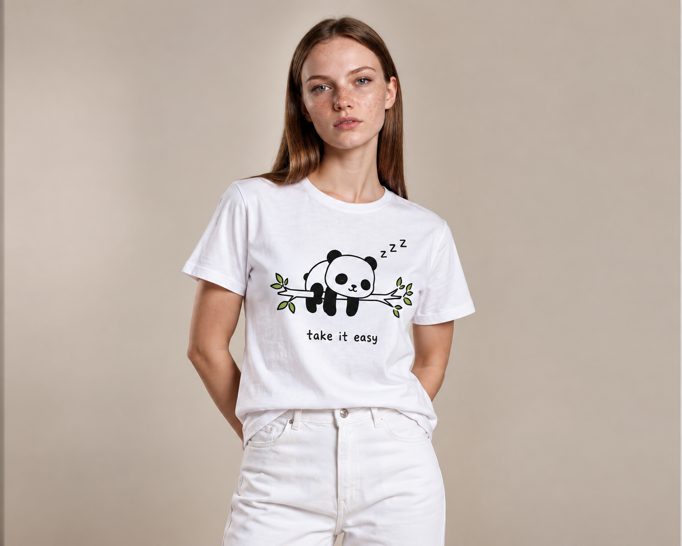 “Take It Easy” Panda Baskılı %100 Pamuk Kadın Tişört XXL Beden - Beyaz