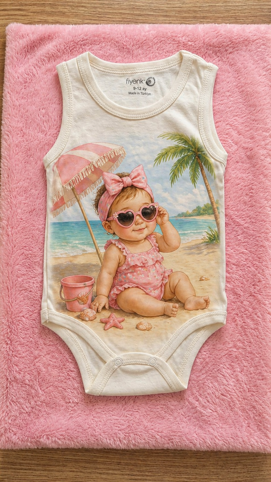 Palmiyeli Plaj Kızı Baskılı Pamuklu Kolsuz Bebek Body (Zıbın) Pembe - 9-12