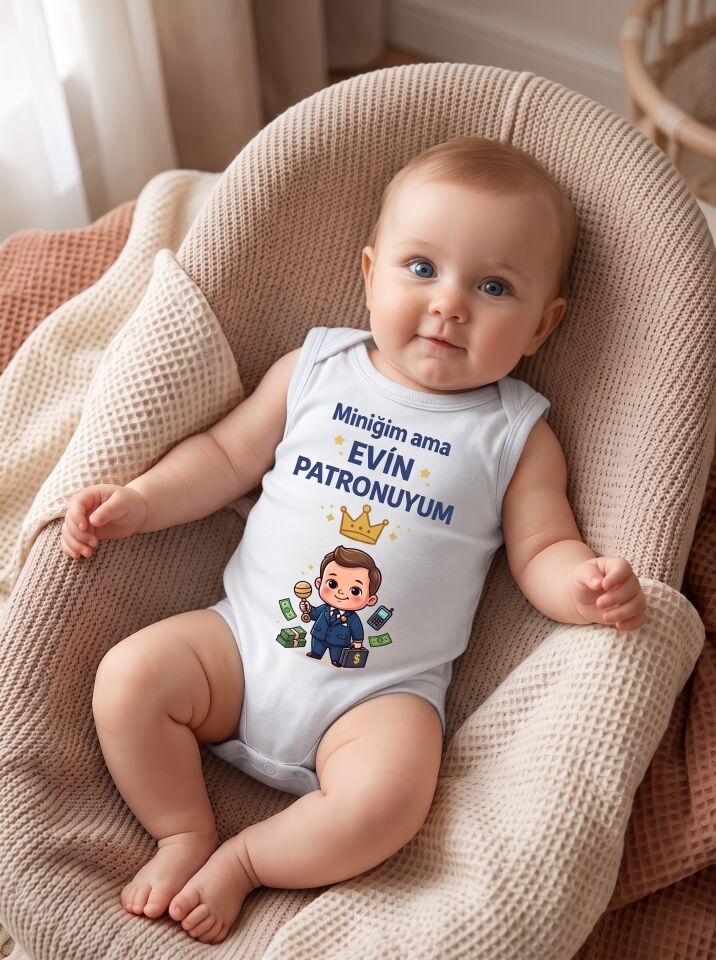 Miniğim Ama Evin Patronuyum Baskılı Pamuklu Bebek Body (Zıbın) Beyaz - 3-6